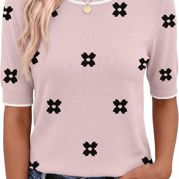 Women Short Sleeve Sweater Summer Crew Neck Dressy Casual Tops | Womens Summer Tops Crew Neck Lightweight Pullover Sweaters Loose Dressy Casual Blouse Basic Clothes Fashion Trendy Floral Jh455 Pink-white