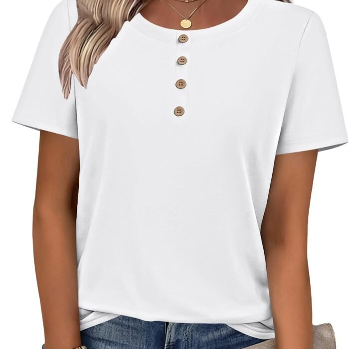 Women Summer Tops Short Sleeve Dressy Casual Henley Tee Shirt Round Neck Floral Blouses Business Work Clothes White