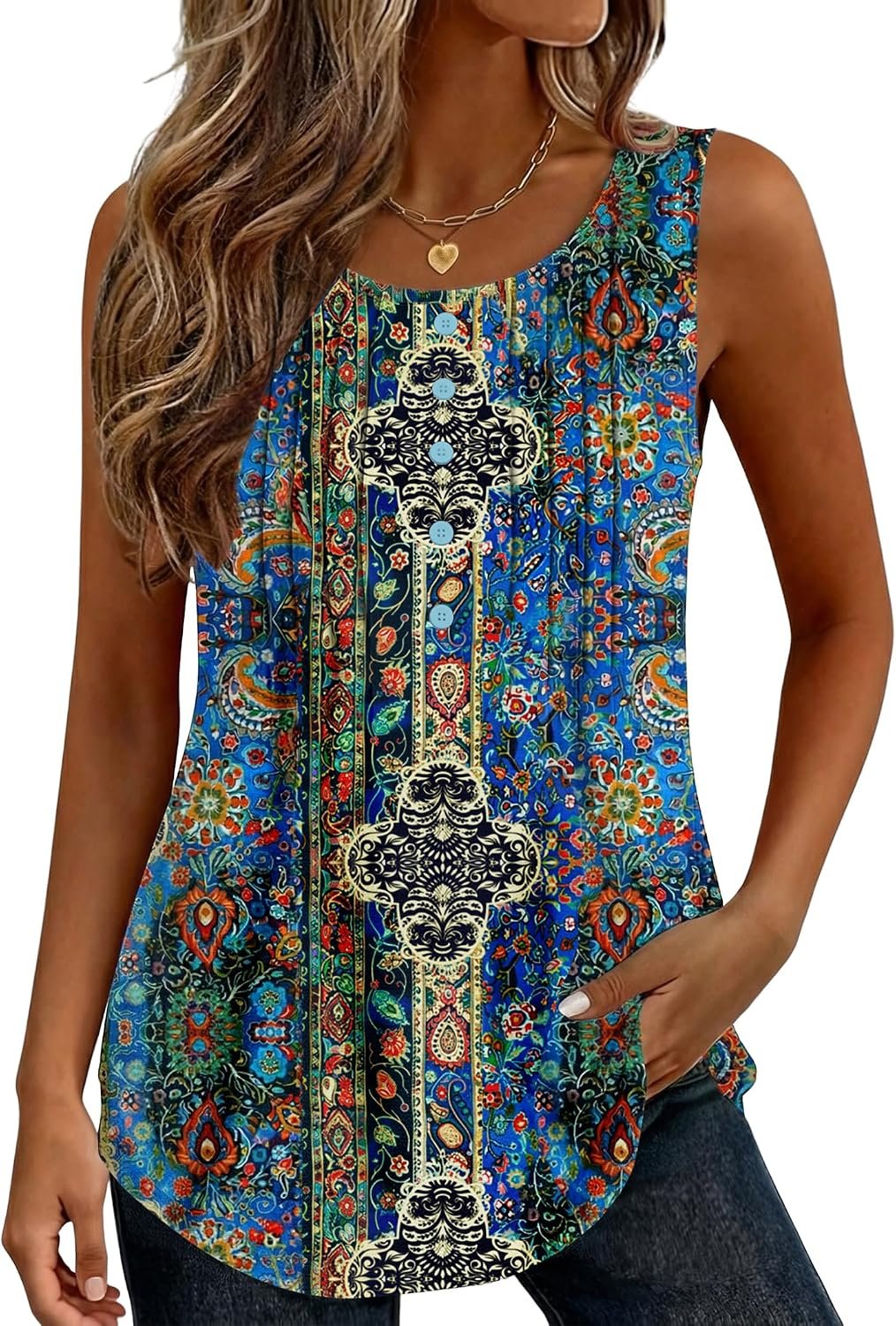 Womens Tank Tops 2026 Summer Loose Fit Crew Neck Boho Tunic Pleated Babydoll Sleeveless Shirts with Button Detail Mz779