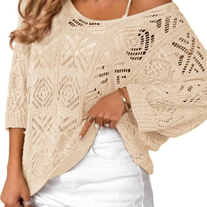 Women's Summer Crochet Off the Shoulder Hollow Out Knit Tops 2026 V Neck 3/4 Sleeve Sweater Top Apricot