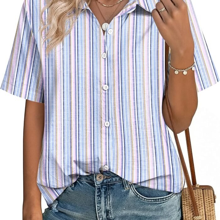 Women Button Down Shirt Cotton Linen Blend Short Sleeve V Neck Blouse Dressy Casual Summer Tops Beach Vacation Outfits Multi-stripe