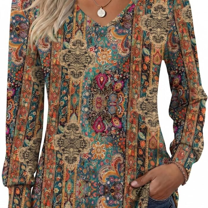 Women's Puff Long Sleeve Shirts Pleated V Neck Fall Tunic Tops Blouse Dressy Casual Summer T-Shirts Multicoloured 721