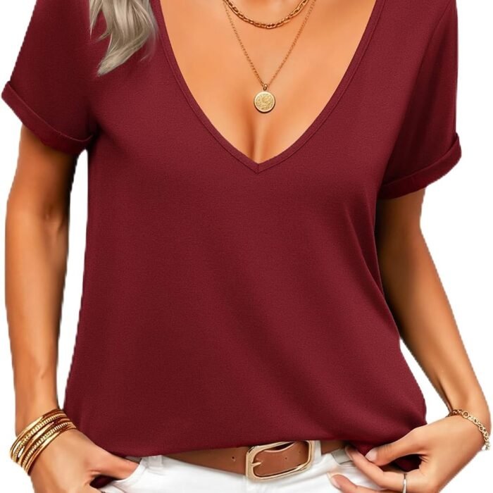 Sexy Tops for Women Deep V Neck Shirts Summer Low Cut Top Short Sleeve Tshirts Trendy Clothes Fashion Clothing A01-wine Red